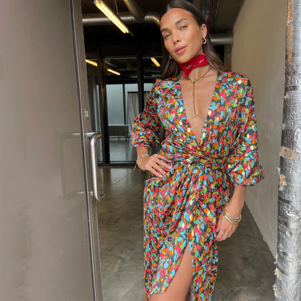 Never Fully Dressed: Multicolor Abstract Print Wrap Dress-Size 10